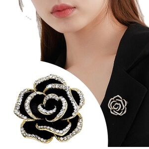 Rhinestone Camellia Flower Brooch - Black and Gold